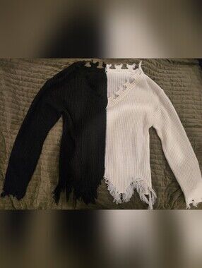 Black and White Distressed V‑Neck Sweater